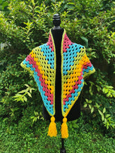 Load image into Gallery viewer, Crochet Cape, Rainbow Shawl, Colourful Wrap, Chunky Scarf with Tassels
