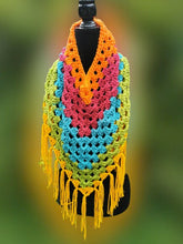 Load image into Gallery viewer, Crochet Cape, Rainbow Shawl, Colourful Wrap, Chunky Scarf with Fringe
