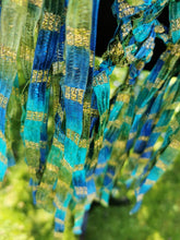Load image into Gallery viewer, Crochet Ribbon Poncho with Fringe: Metallic Green Blue Cowl
