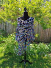 Load image into Gallery viewer, Crochet Poncho with Fringe in Metallic  Ribbon Yarn
