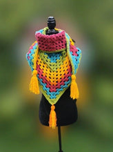 Load image into Gallery viewer, Crochet Cape, Rainbow Shawl, Colourful Wrap, Chunky Scarf with Tassels
