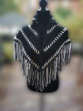 Load image into Gallery viewer, Campfire Triangle Shawl, Crochet Triangle cowl with fringe
