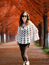 Load image into Gallery viewer, Crochet Hooded Cape: Cream Lace Cluster Poncho, Travel Accessory
