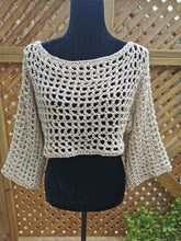 Load image into Gallery viewer, Beige Crochet Sleeves, Bolero Shrug: Ribbon Yarn Open-Front Top
