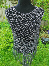 Load image into Gallery viewer, Black Sparkle Diagonal PONCHO, Rainbow Iridescent and Black  Crochet Poncho: Lightweight Ribbon Yarn, Long Fringe
