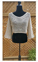 Load image into Gallery viewer, Beige Crochet Sleeves, Bolero Shrug: Ribbon Yarn Open-Front Top
