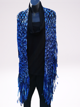 Load image into Gallery viewer, Blue Long Ribbon Shawl with fringe

