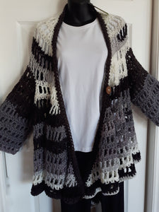 Plus Sized Cardigan, Black, White and Grey Ombre Long Cardigan