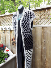 Load image into Gallery viewer, Retro Extra LONG Lace Crochet Vest in Variegated Greys, Long Crochet Vest

