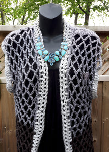 Retro Extra LONG Lace Crochet Vest in Variegated Greys, Long Crochet Vest