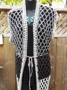 Retro Extra LONG Lace Crochet Vest in Variegated Greys, Long Crochet Vest