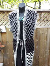 Load image into Gallery viewer, Retro Extra LONG Lace Crochet Vest in Variegated Greys, Long Crochet Vest
