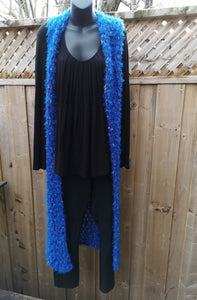 Blue Crochet Vest, XL Long Lacy Crochet Vest, Blue and Gold