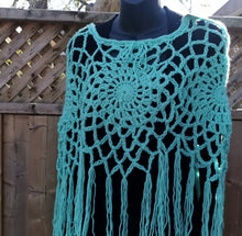 Load image into Gallery viewer, Crochet Cape with Fringe, Crochet Light Green, Boho-Chic Cape, Mandala crochet Top
