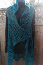 Load image into Gallery viewer, Teal Vest, Long Lacy Crochet Teal Duster
