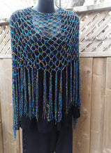 Load image into Gallery viewer, Purple, Teal &amp; Green Crochet Poncho - Diagonal Poncho with fringe
