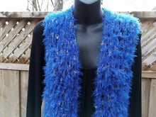 Load image into Gallery viewer, Blue Crochet Vest, XL Long Lacy Crochet Vest, Blue and Gold
