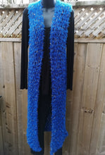 Load image into Gallery viewer, Blue Crochet Vest, XL Long Lacy Crochet Vest, Blue and Gold
