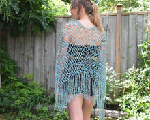 Load image into Gallery viewer, Large Ocean Beach Diagonal Crochet Poncho, Turquoise, Mint Green, Cafe Latte
