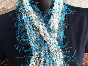 Blue and Beige Long Fluffy Scarf