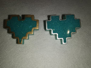 Couples Pins - 2 pc - Turquoise Pixel Heart Brooches