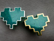 Load image into Gallery viewer, Couples Pins - 2 pc - Turquoise Pixel Heart Brooches
