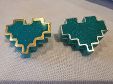 Load image into Gallery viewer, Couples Pins - 2 pc - Turquoise Pixel Heart Brooches
