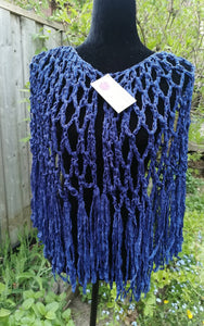 Blue Ribbon Cape, Crochet Shawl, Blue Ribbon Shawl with fringe