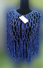 Load image into Gallery viewer, Blue Ribbon Cape, Crochet Shawl, Blue Ribbon Shawl with fringe
