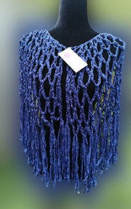 Blue Ribbon Cape, Crochet Shawl, Blue Ribbon Shawl with fringe