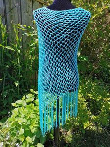 Ocean Blue Poncho - Diagonal Crochet Poncho with fringe