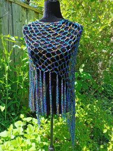 Purple, Teal & Green Crochet Poncho - Diagonal Poncho with fringe