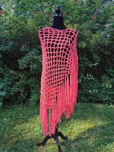 Peach Ribbon Diagonal Crochet Poncho