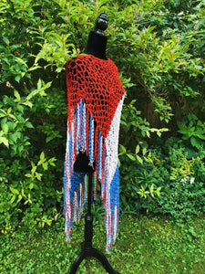 Red, White and Blue, Long Diagonal Crochet Poncho