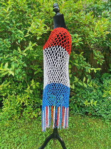 Red, White and Blue, Long Diagonal Crochet Poncho