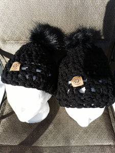 Mommy and Me Chunky Hats with Pompom Set, Adult and Child Hats, Handmade Hat Set