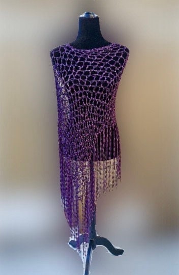 Purple Diagonal Poncho with fringe, Bohemian Cover Up, Bikini Cover