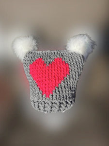 Chunky Hat with Heart, XL Adult Hat, Handmade crochet Heart Hat with Pompoms