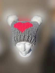 Chunky Hat with Heart, XL Adult Hat, Handmade crochet Heart Hat with Pompoms