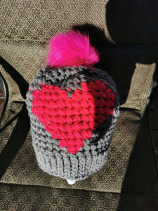 Chunky Hat with Heart, Large Adult Hat, Handmade crochet Heart Hat with Pompom