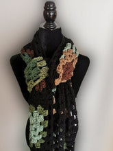 Load image into Gallery viewer, Long Green and Brown Scarf, Unisex Granny Square Scarf, Long Crochet Scarf
