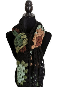 Long Green and Brown Scarf, Unisex Granny Square Scarf, Long Crochet Scarf