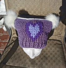 Load image into Gallery viewer, Chunky Hat with Purple Heart, Large Adult Hat, Handmade crochet Heart Hat with Pompoms
