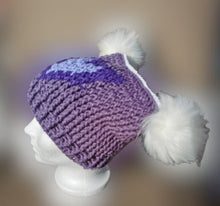 Load image into Gallery viewer, Chunky Hat with Purple Heart, Large Adult Hat, Handmade crochet Heart Hat with Pompoms
