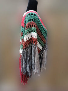 Fringe Jacket, Crochet Cape, Red, Grey, White, Brown and Green Poncho