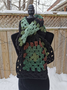 Long Green and Brown Scarf, Unisex Granny Square Scarf, Long Crochet Scarf