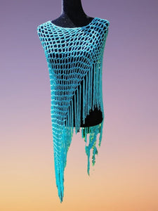 Ocean Blue Poncho - Diagonal Crochet Poncho with fringe