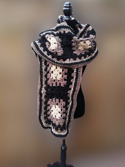 Brown Unisex Scarf, Scarf for Him, Extra Long Crochet Scarf, Granny Square Scarf