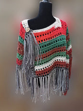 Load image into Gallery viewer, Fringe Jacket, Crochet Cape, Red, Grey, White, Brown and Green Poncho
