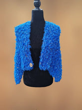 Load image into Gallery viewer, Crochet Blue and Gold Faux Fur Shawl, Crochet Cape
